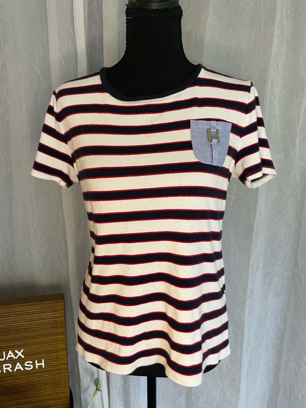 Tommy Hilfiger White Tee with Navy and Red Stripes and Light Blue Pocket